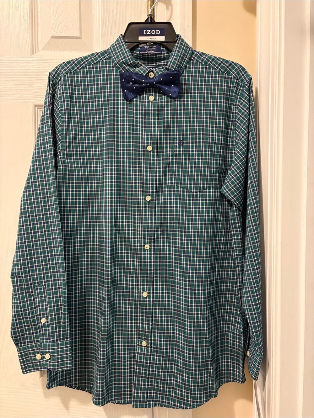 Izod Boy’s Green and Blue Plaid Button-Down Shirt with Navy Bow Tie